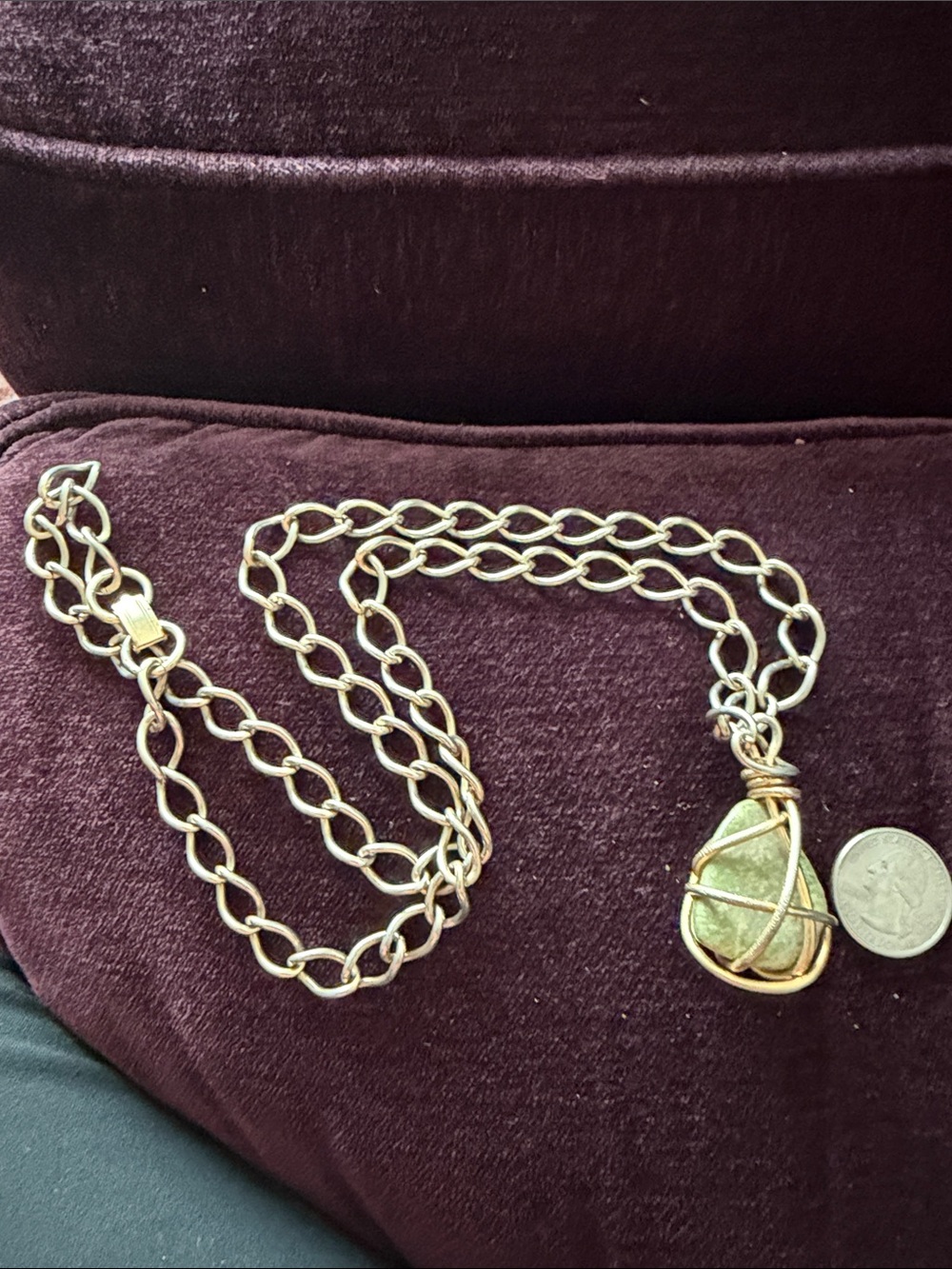 Gold-Tone Chain Necklace with Green Wrapped Stone Pendant